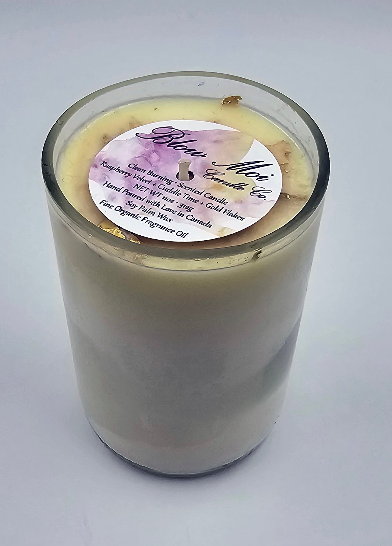 Raspberry Velvet + Cuddle Time - 11oz - Gold Flakes Scented Candle - Repurposed Clear Wine Bottle