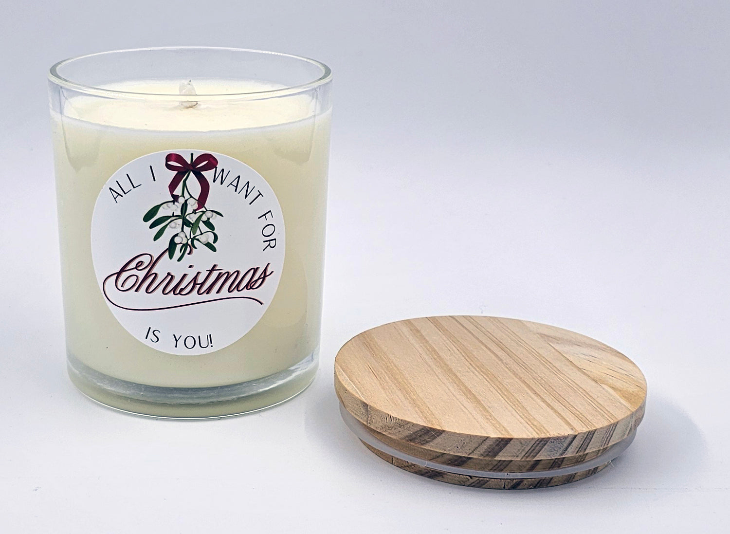 All I Want For Christmas - Luxury Clear Glass Jar - Real Wood Lid - 10oz - Scented Candle - ECO Cotton Wick