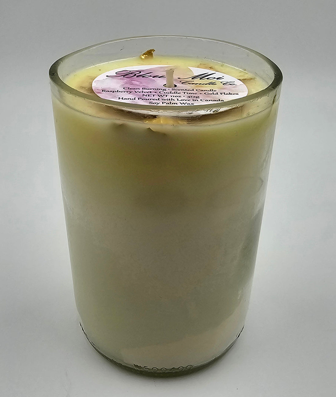 Raspberry Velvet + Cuddle Time - 11oz - Gold Flakes Scented Candle - Repurposed Clear Wine Bottle