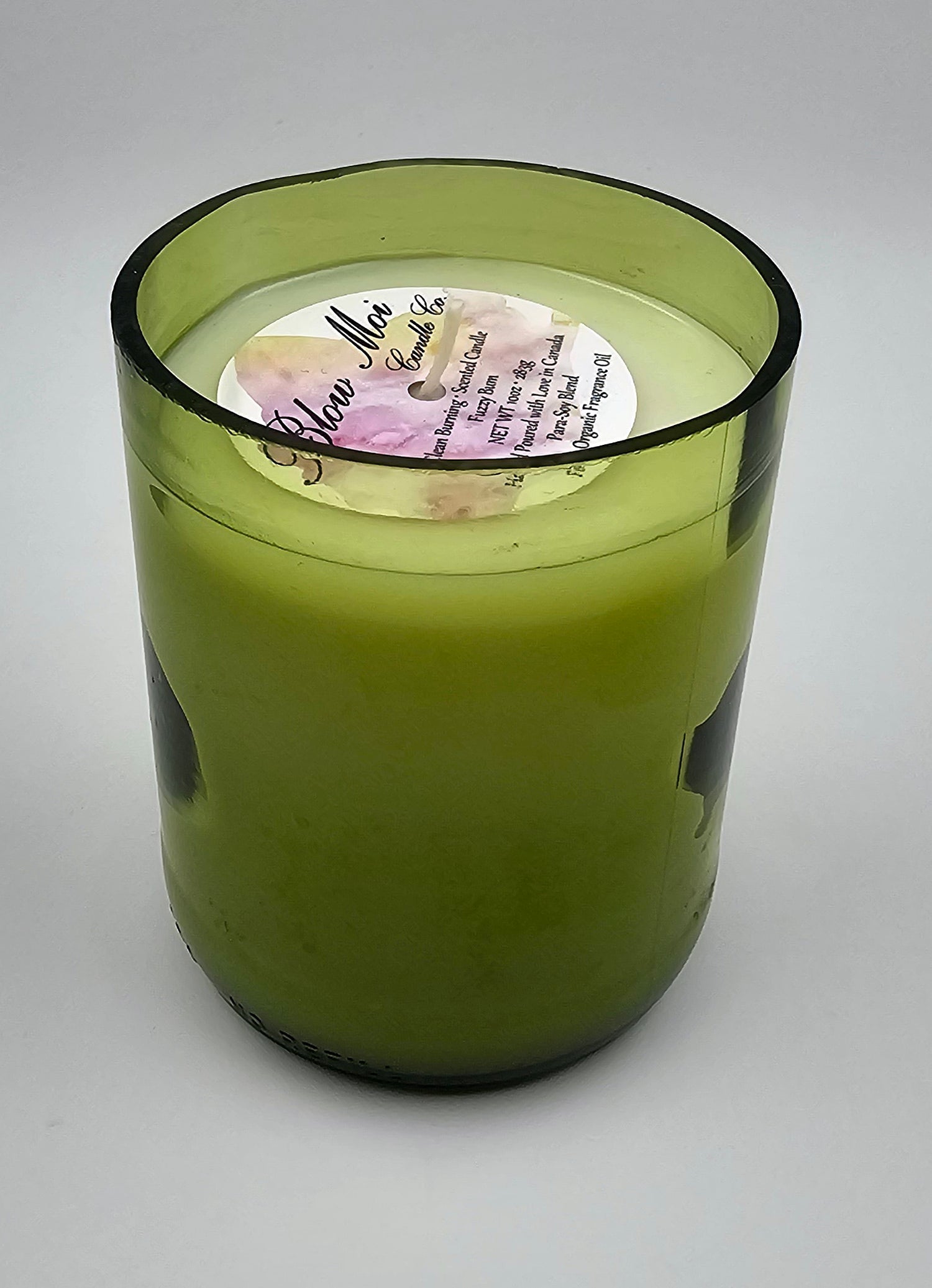 Fuzzy Bum - 10oz - Scented Candle - Repurposed Colored Wine Bottle