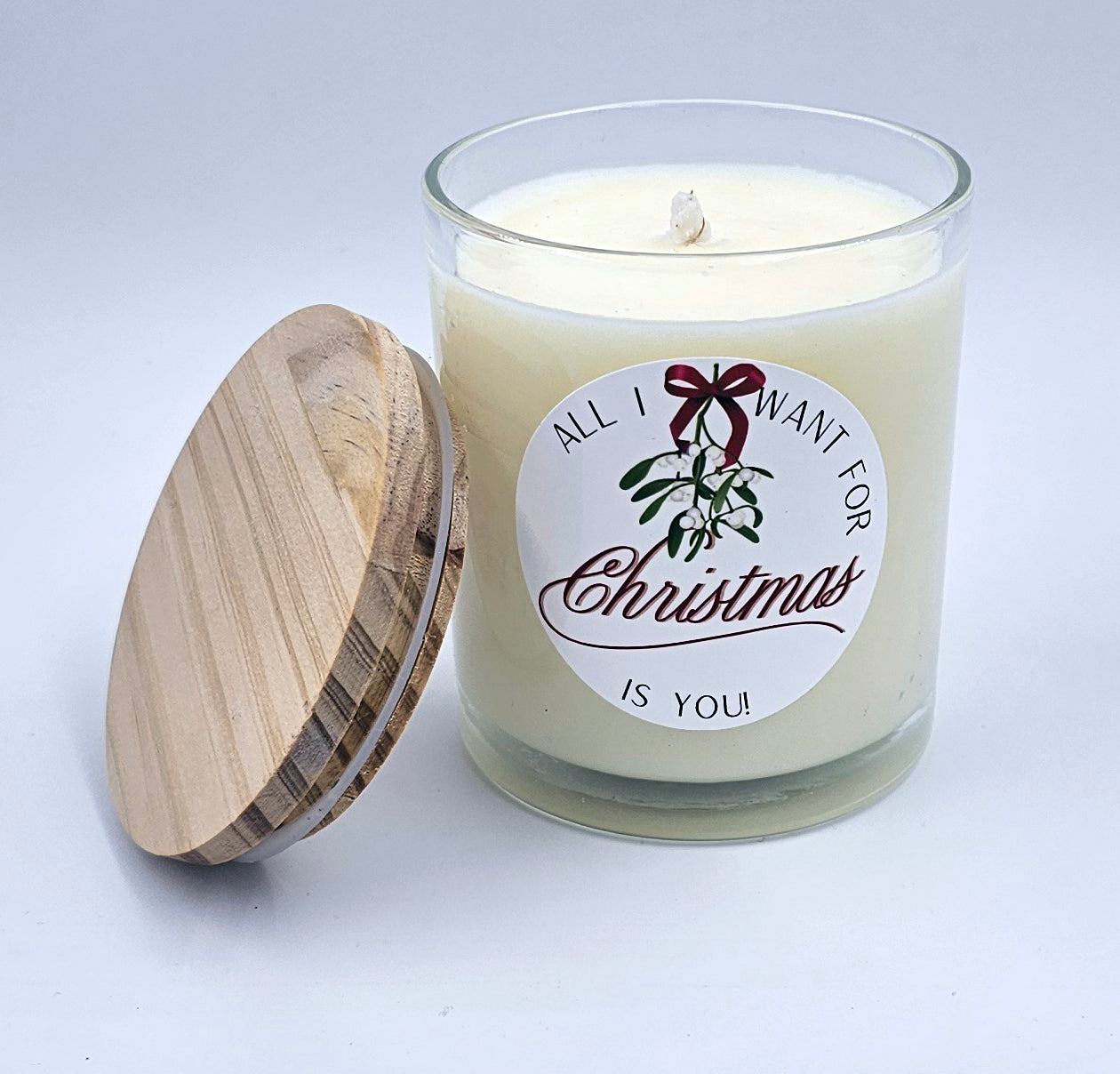 All I Want For Christmas - Luxury Clear Glass Jar - Real Wood Lid - 10oz - Scented Candle - ECO Cotton Wick