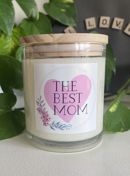 Best Mom - Luxury Clear Glass Jar - Real Wood Lid - 10oz - Scented Candle - ECO Cotton Wick