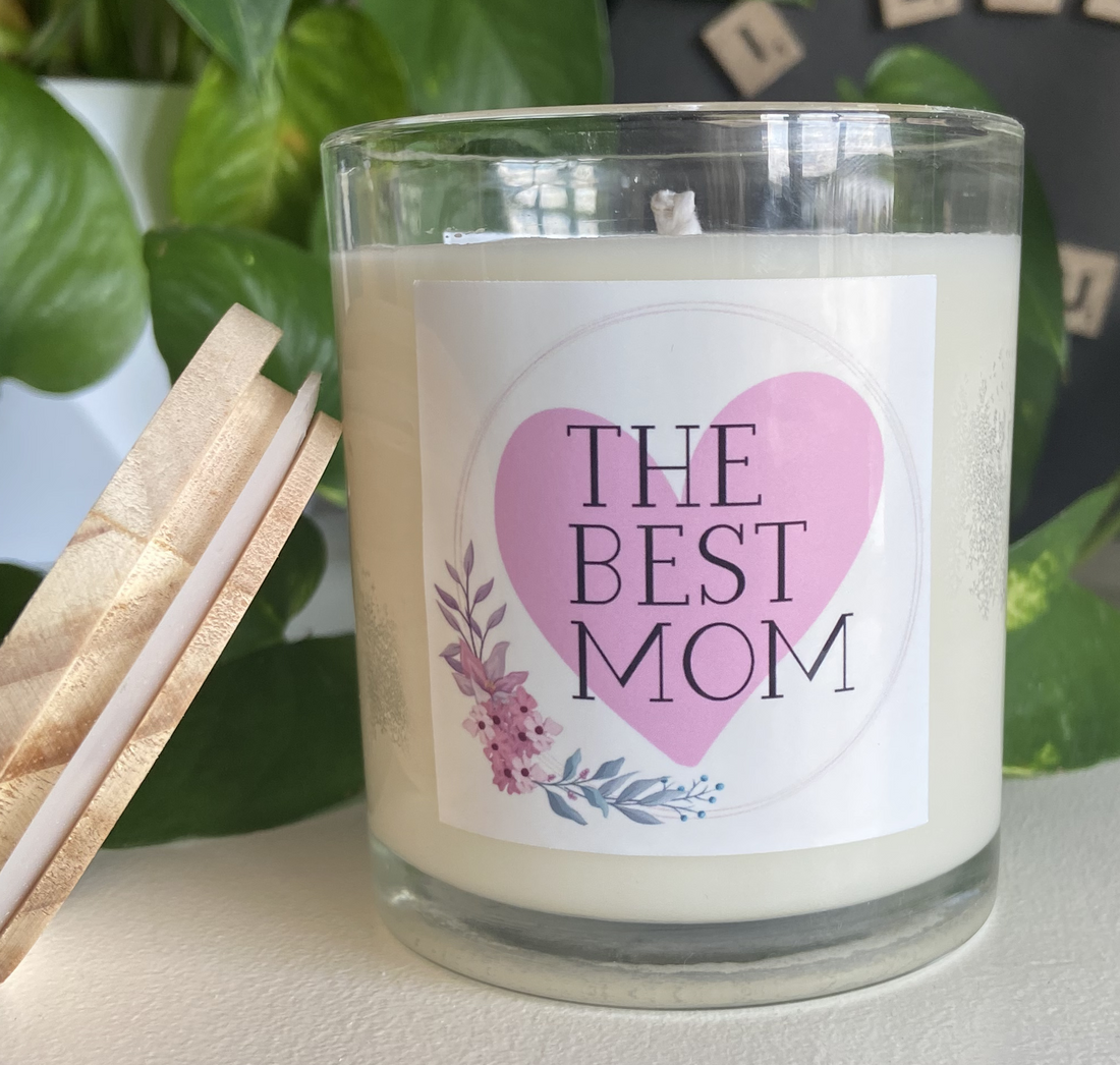 Best Mom - Luxury Clear Glass Jar - Real Wood Lid - 10oz - Scented Candle - ECO Cotton Wick