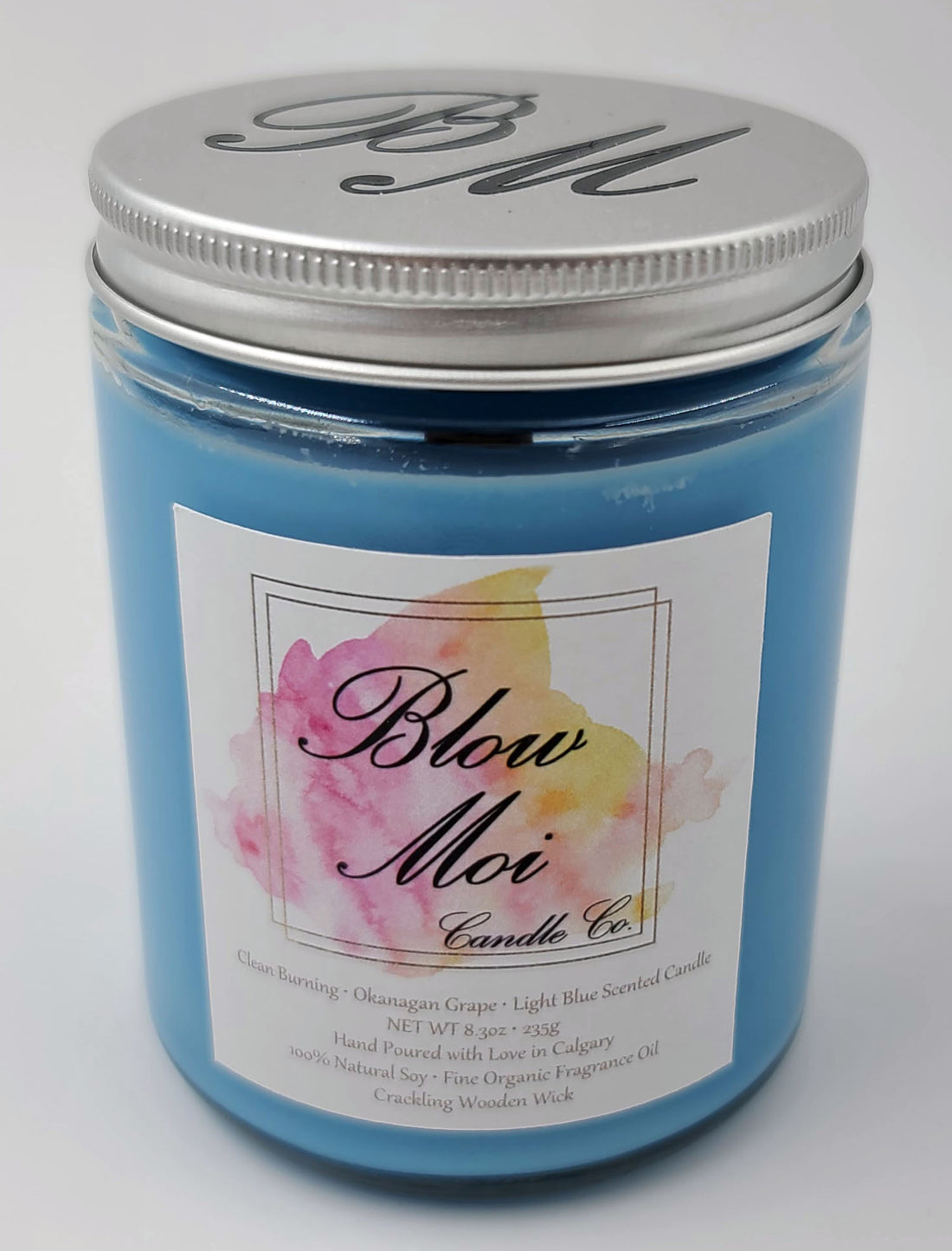 Clear Glass Jar - 10oz - Blue Scented Candle - Okanagan Grape - Crackling Wooden Wick