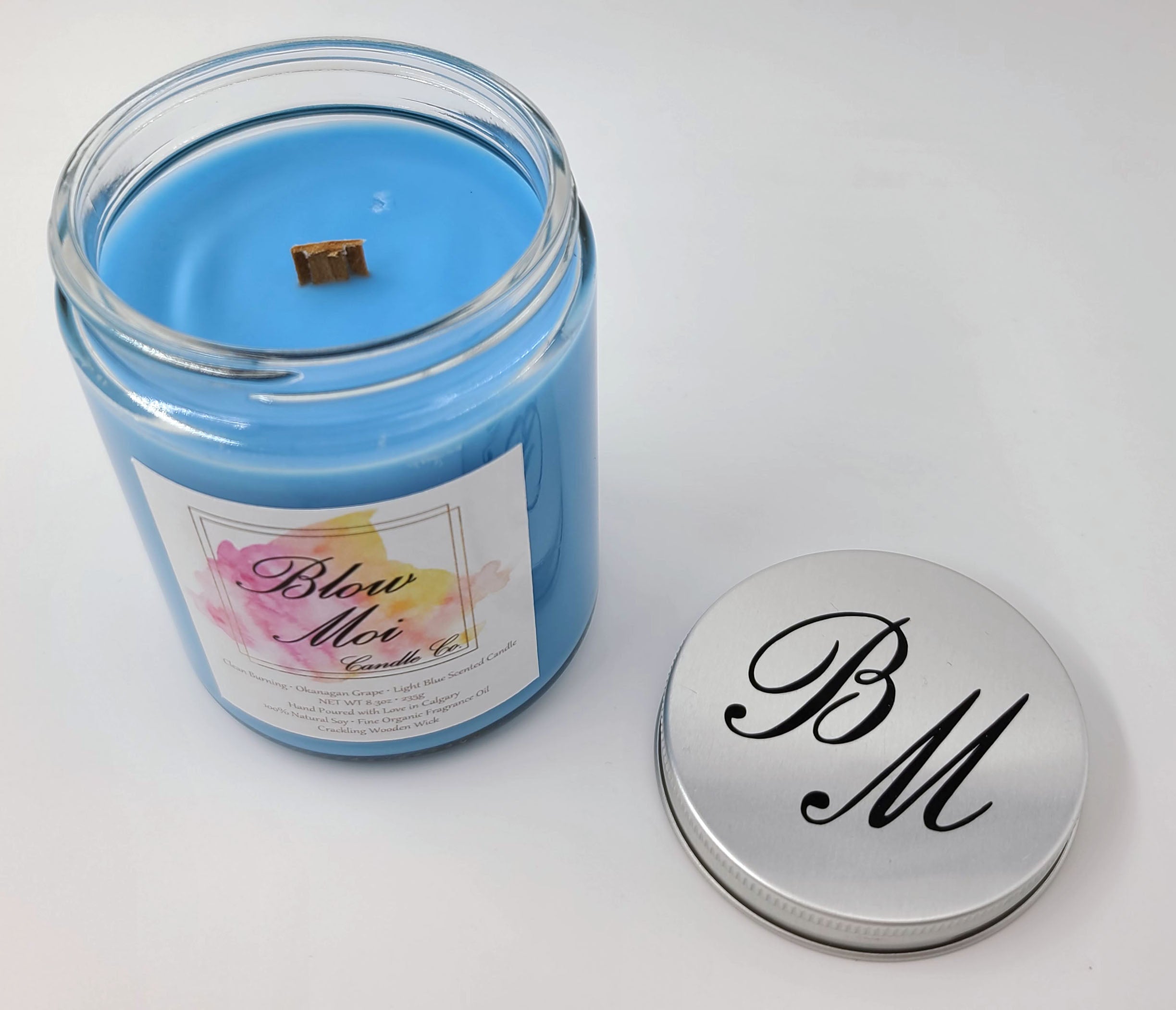 Clear Glass Jar - 10oz - Blue Scented Candle - Okanagan Grape - Crackling Wooden Wick