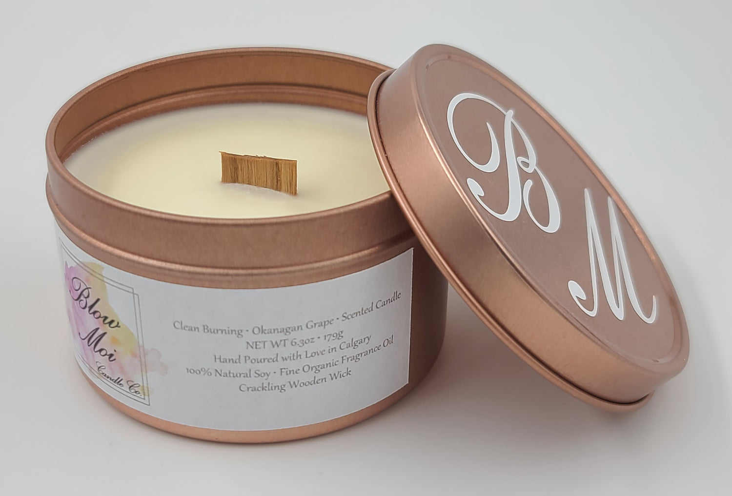 Rose Gold Metal Tin - 8oz - Scented Candle - Crackling Wooden Wick