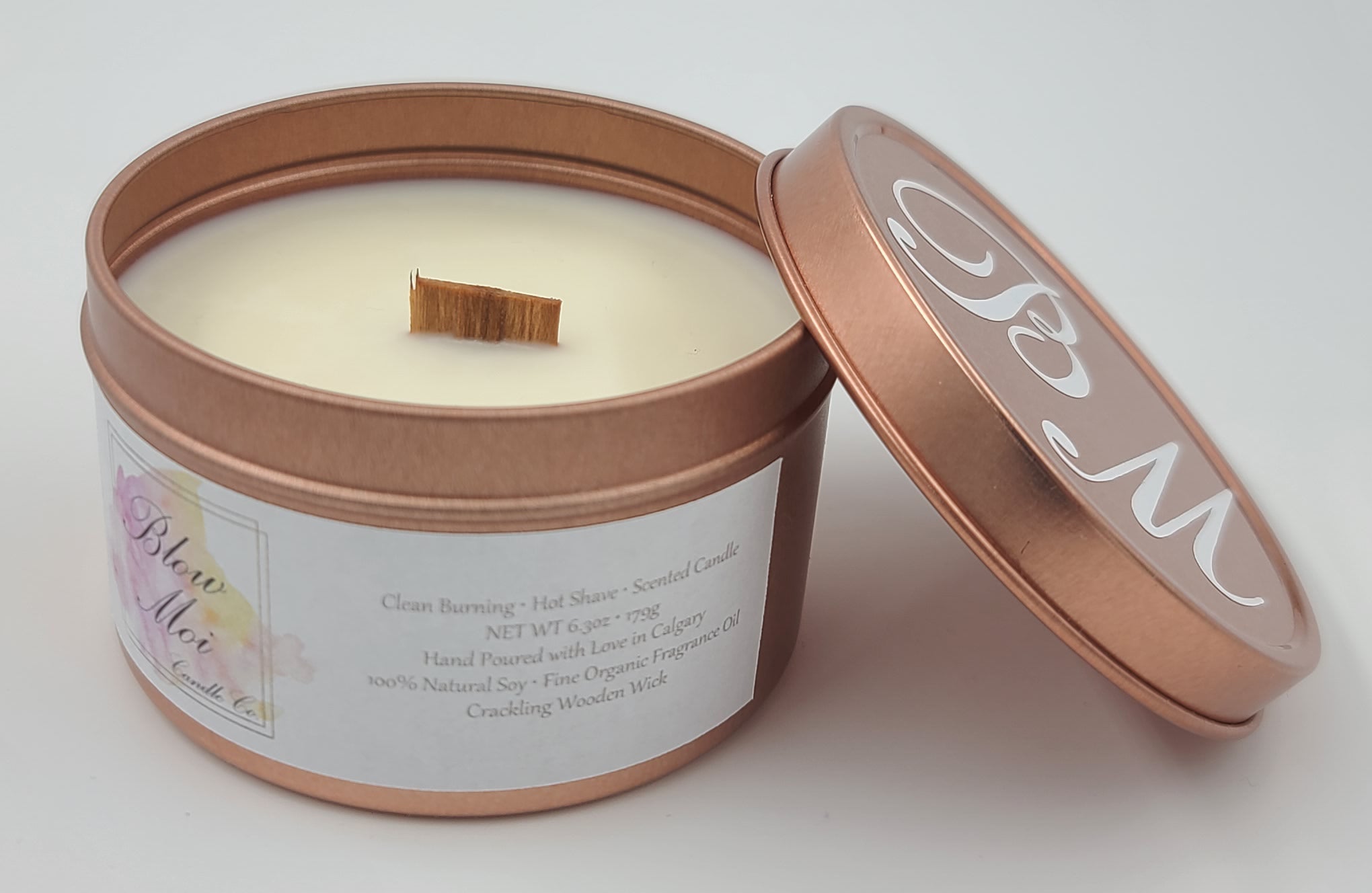 Rose Gold Metal Tin - 8oz - Scented Candle - Crackling Wooden Wick