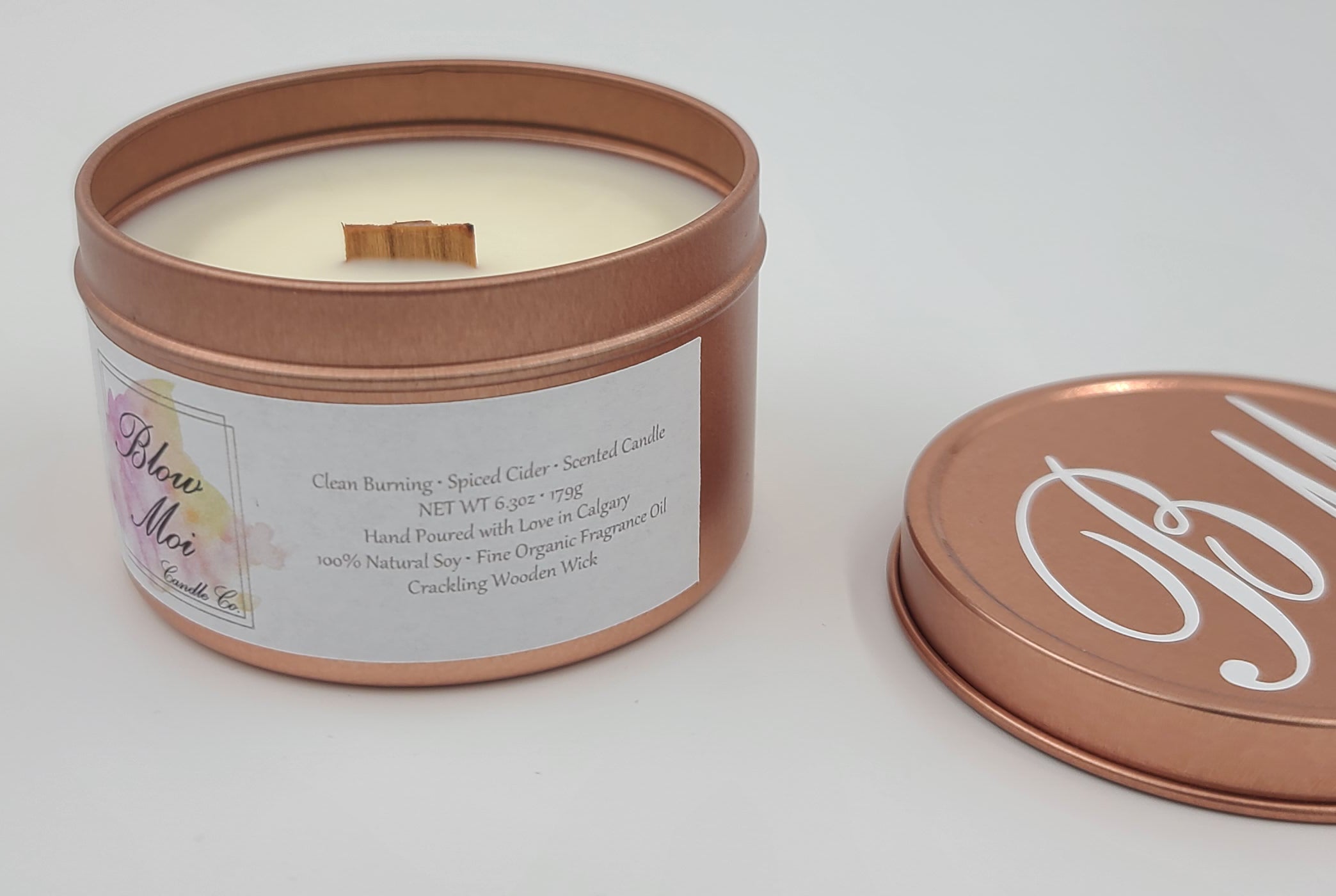 Rose Gold Metal Tin - 8oz - Scented Candle - Crackling Wooden Wick