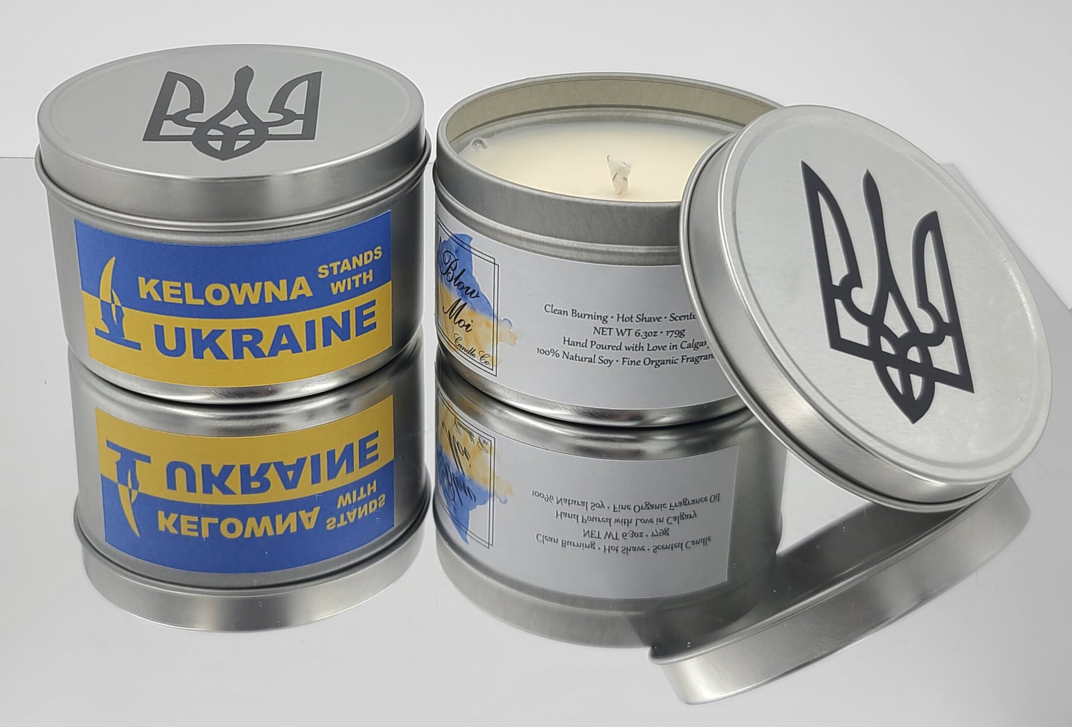 Kelowna Stands with Ukraine - Silver Metal Tin - 8oz - Scented Candle - ECO Cotton Wick