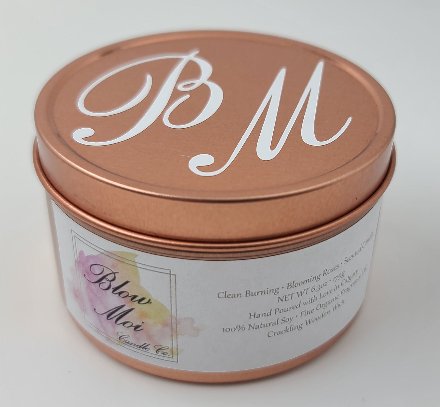 Rose Gold Metal Tin - 8oz - Scented Candle - Crackling Wooden Wick