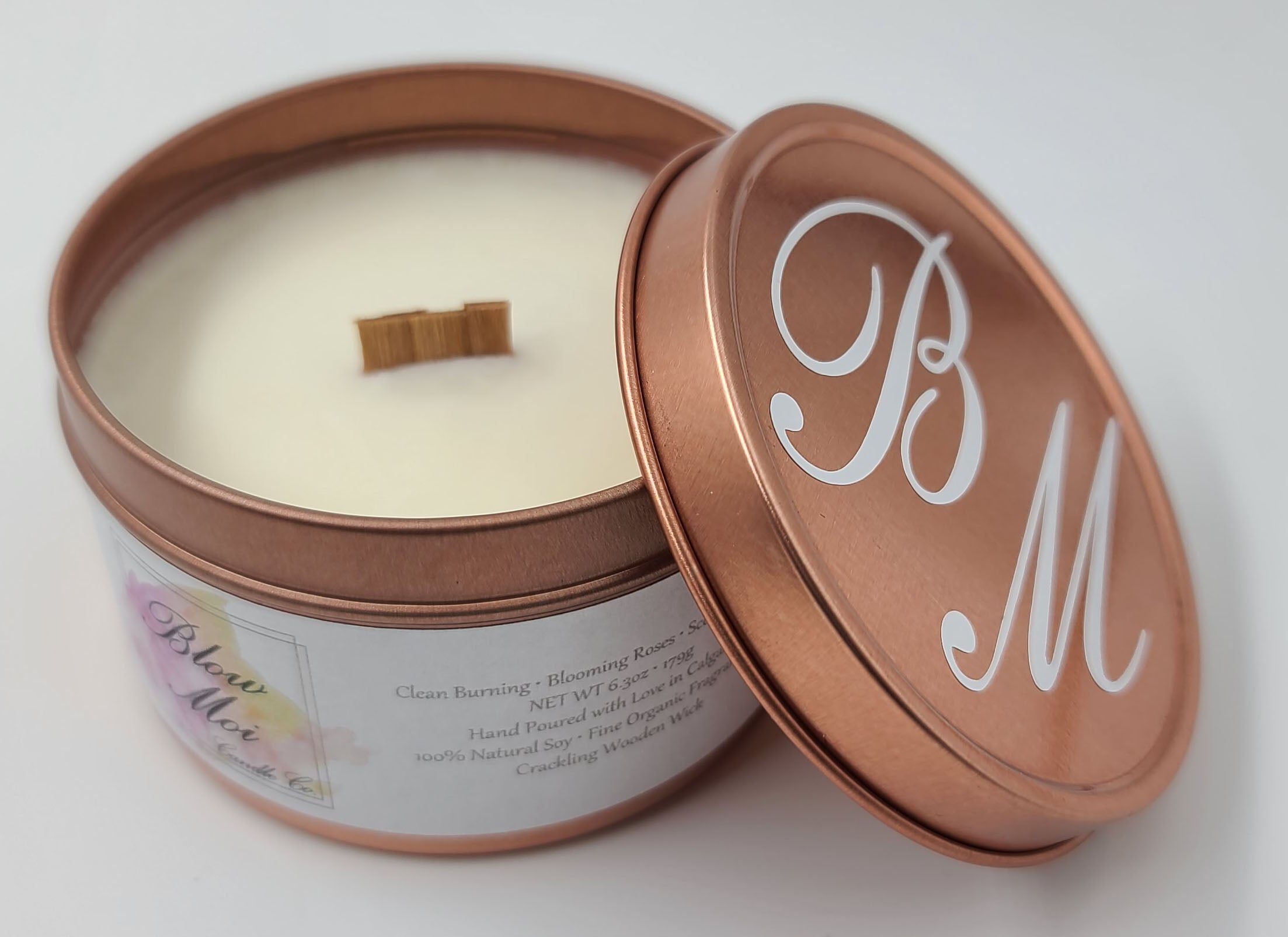 Rose Gold Metal Tin - 8oz - Scented Candle - Crackling Wooden Wick