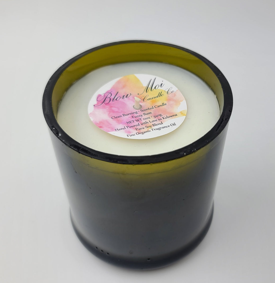 Fuzzy Bum - 12oz - Scented Candle - Repurposed Dark Wine Bottle