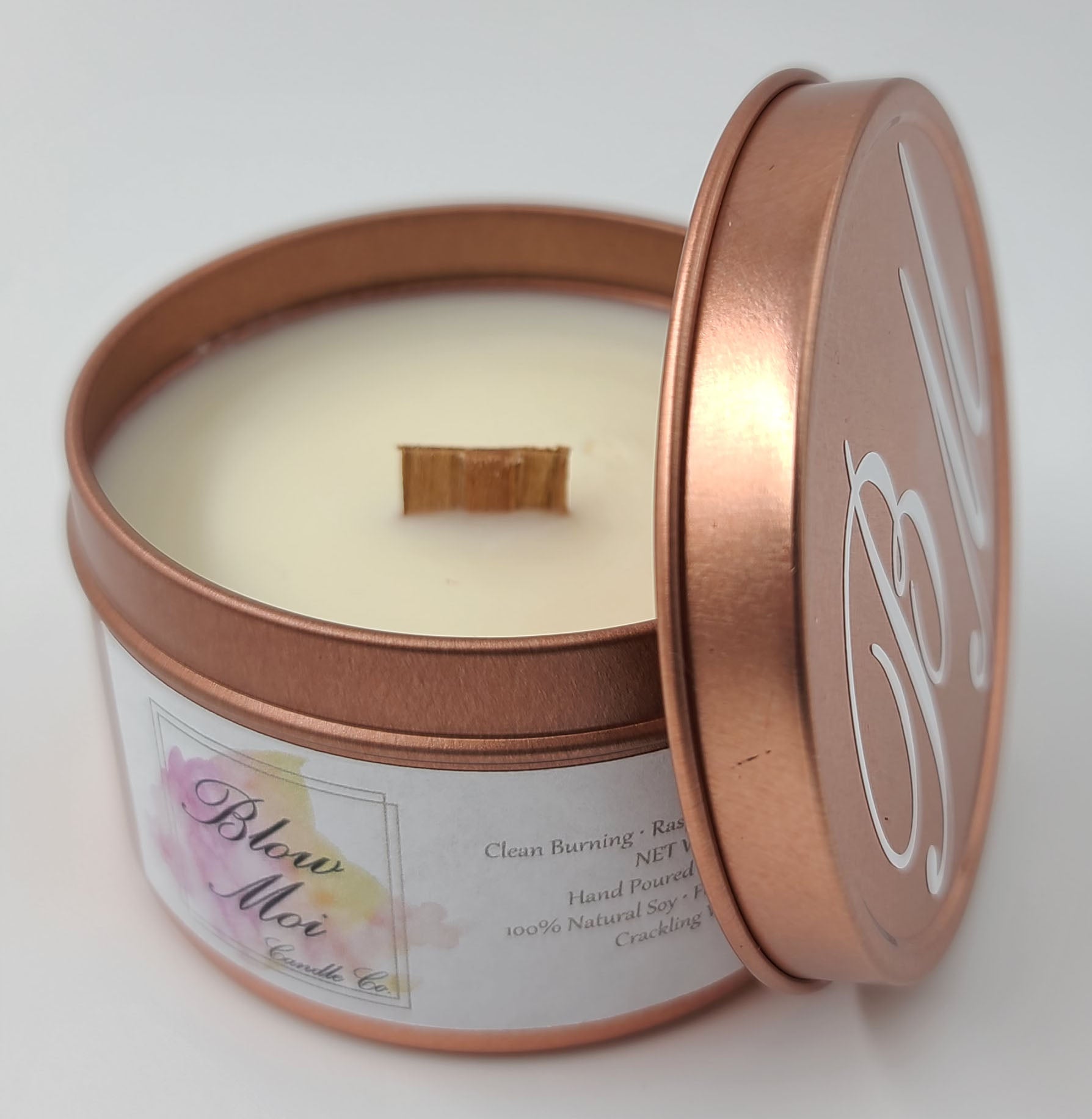 Rose Gold Metal Tin - 8oz - Scented Candle - Crackling Wooden Wick