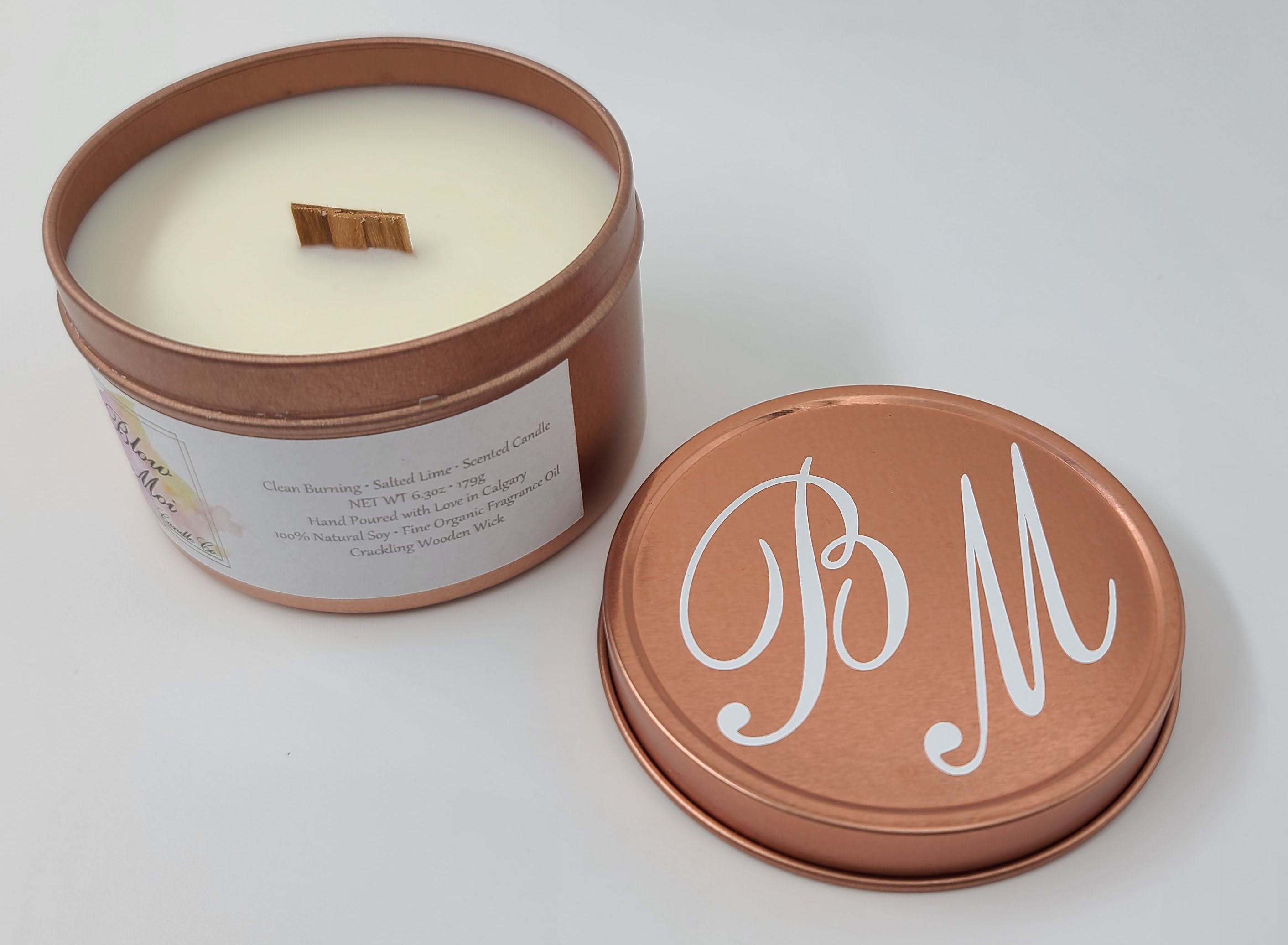 Rose Gold Metal Tin - 8oz - Scented Candle - Crackling Wooden Wick