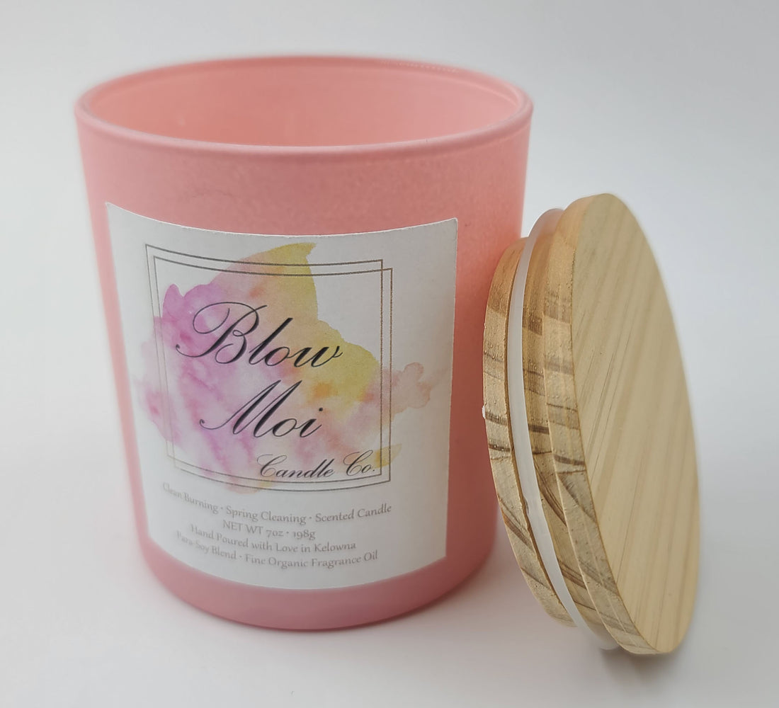 Luxury Pink Glass Jar - Real Wood Lid - 10oz - Scented Candle - Crackling Wooden Wick
