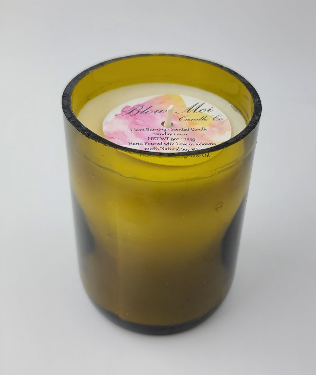 Sunday Linen - 9oz - Scented Candle - Repurposed Colored Wine Bottle